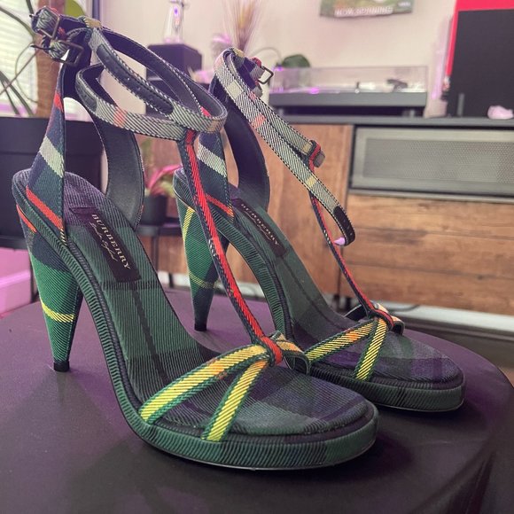 Burberry Ladies Tartan High Cone-heel Sandals Forest Green 36.5 - Picture 1 of 4